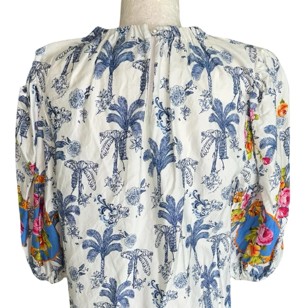 Emily Lovelock Blue Palm Tree Floral Print Puff Sleeve Top - L - Picture 7 of 11